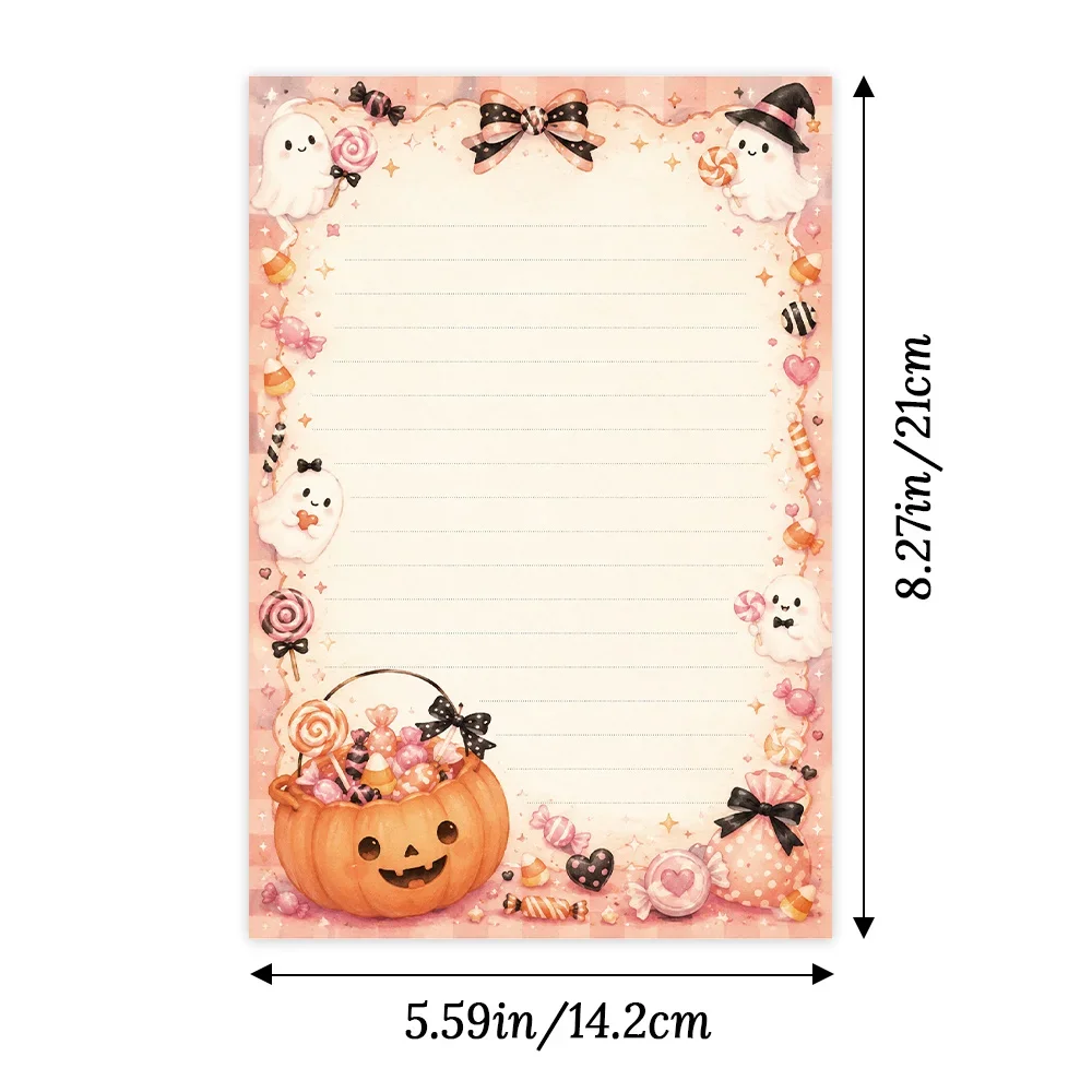 50 Sheets,  Pink Girl Candy Ghost Halloween Themed Writing Paper, Lined, GlueFree, Perfect for Notebooks, Memos, and Stickers