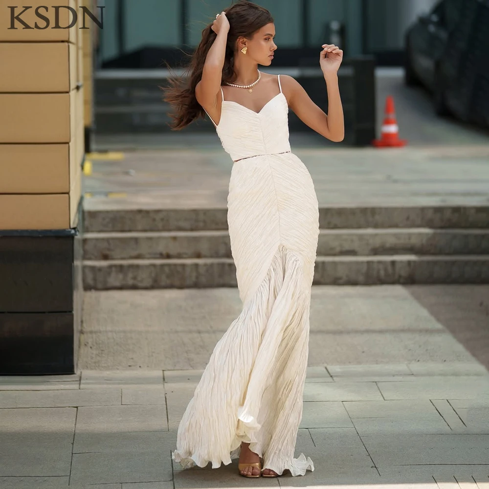 KSDN Pretty Women Evening Dresses Pretty Spaghetti Strap Sweep Train Gowns Formal Occasion Pleat Women Long Dress Vestidos