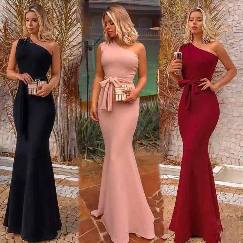 Vestido de um ombro para mulheres, bodycom longo, cinto, bainha fina, vestido de dama de honra, clássico, sexy, elegante