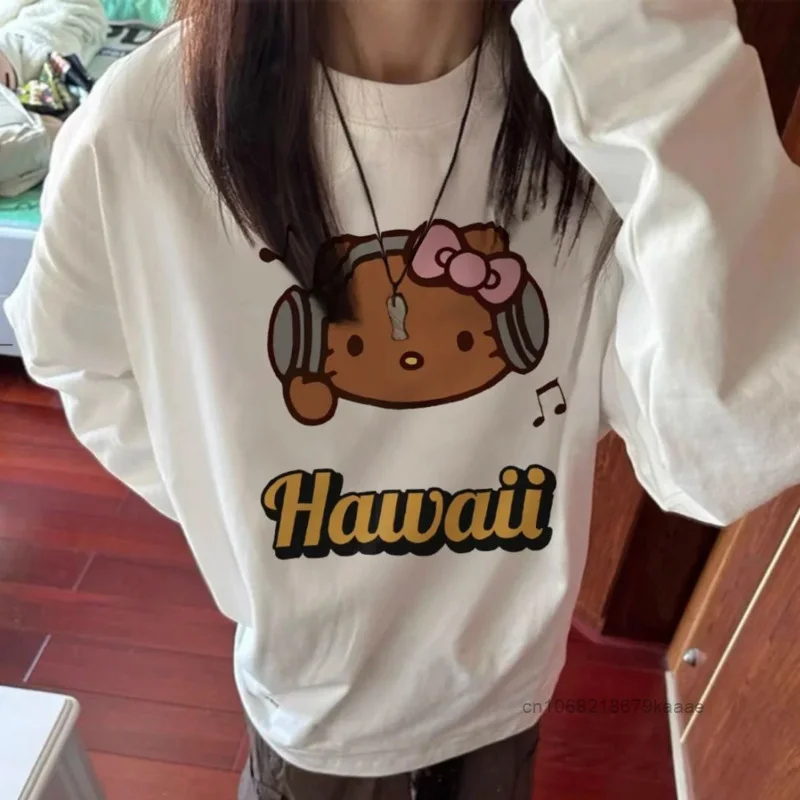 Sanrio Hello Kitty Early Autumn Design Pure Cotton Tees Women\'s Fashion Long Sleeved T-shirt Korean Version Casual Versatile Top