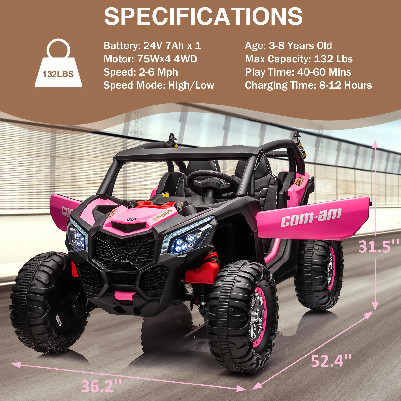 24V 2-Seater UTV 4WD Ride On Toys with Remote Control Powerful Electric Vehicle 4 Shock Absorbers, Leather Seats Music and Light