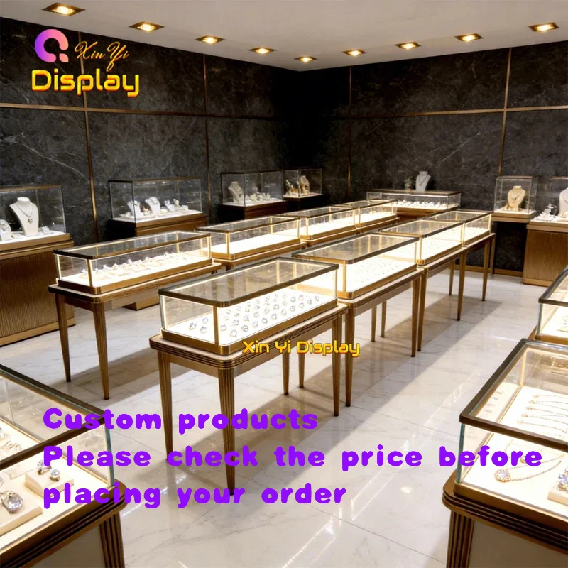 custom.XINYI XY1058 Bespoke 4-Leg Table Style Jewelry Display LED Lighting Brushed Security Lock Luxury Retail