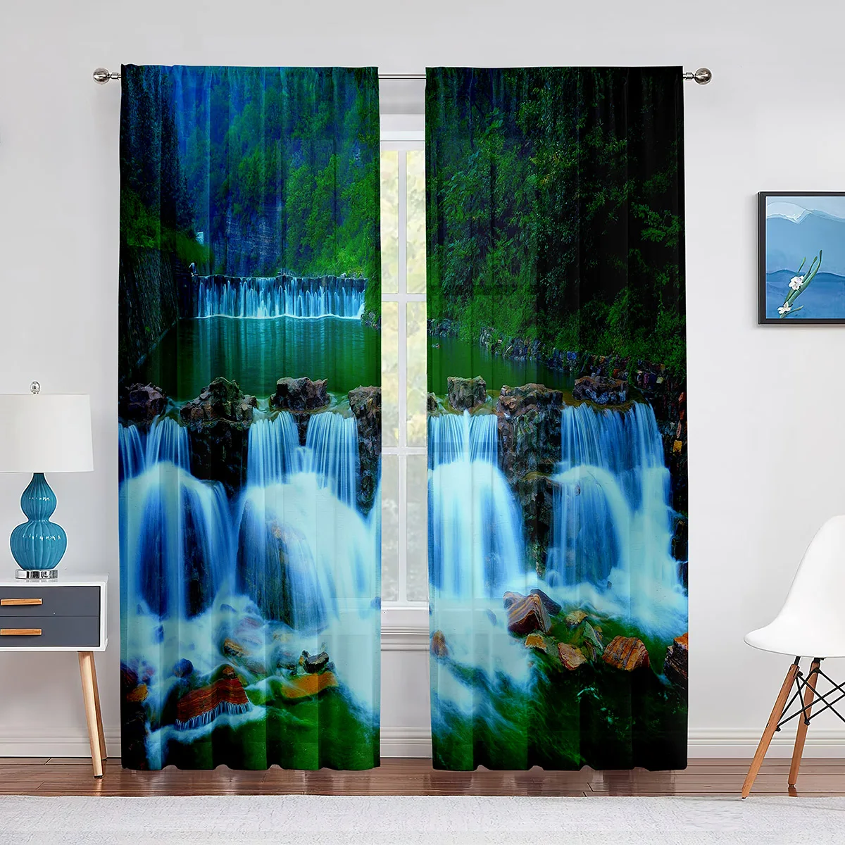 

2pcs Waterfall with Nature Landscape Theme Green Forest River Curtains for Living Room Bedroom Decor Curtain Window Drape