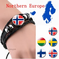 Northern Europe: Denmark Sweden Finland Norway Iceland Flag Black Bracelet Glass Dome Jewelry Leather Button Men Bangle Gifts