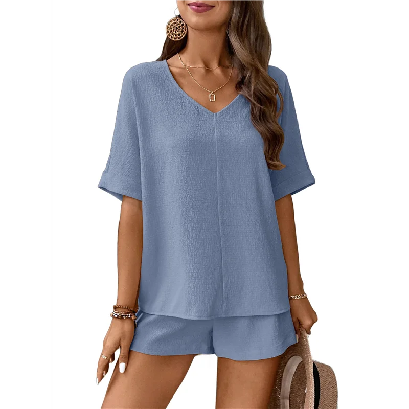 

A83F-Женский повседневный спортивный костюм свободного покроя с короткими рукавами и V-образным вырезом с открытыми плечами