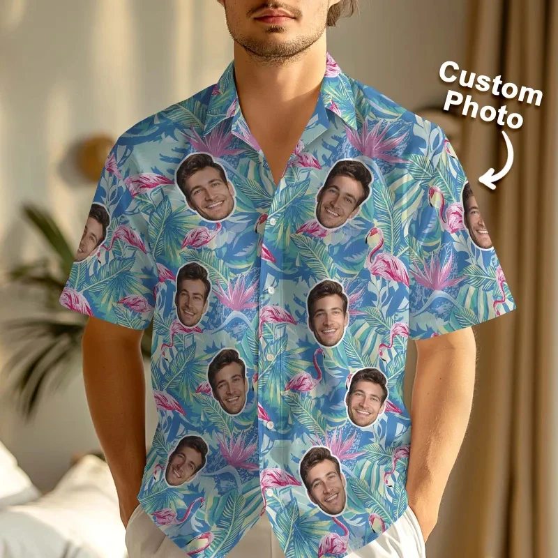 Custom Face Hawaiian Shirt Flamingo Tropical Print Personalized Diy Photo Short Sleeve Casual Beach Funny Gift Men Women Blouses