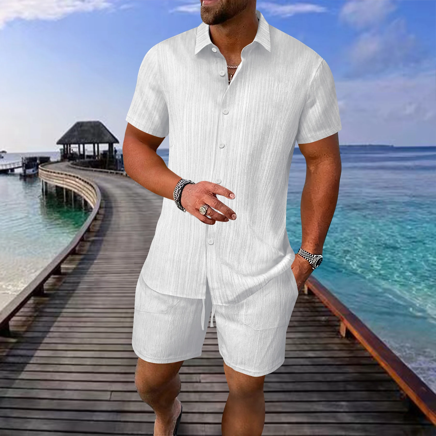 Lapel shorts short shirt casual suit summer thin men\'s cardigan top beach travel loose suit