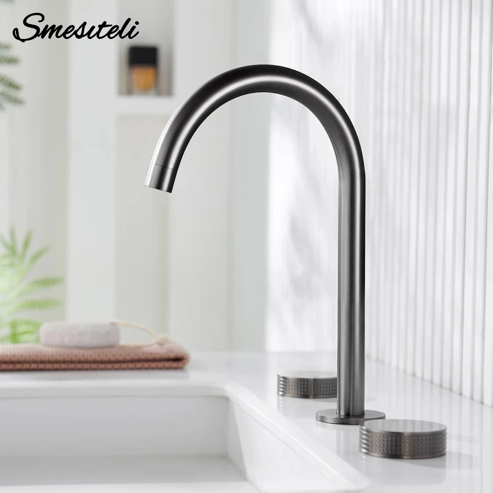 

3 Pcs Gumetal Basin Faucet Hot And Cold Widespread Tap 360° Rotation Spout Double Knurled Knobs Deck Mounted Bathroom Mixer
