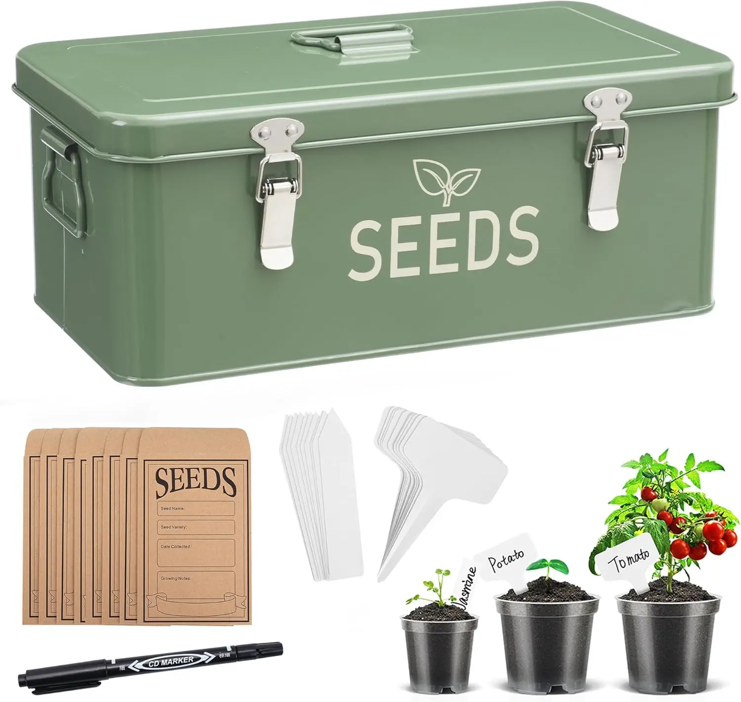 

Металлический органайзер для хранения семян, коробка для хранения семян с защитными замками, коробка с отделениями и 3 прозрачными горшками для рассады, 40 шт.