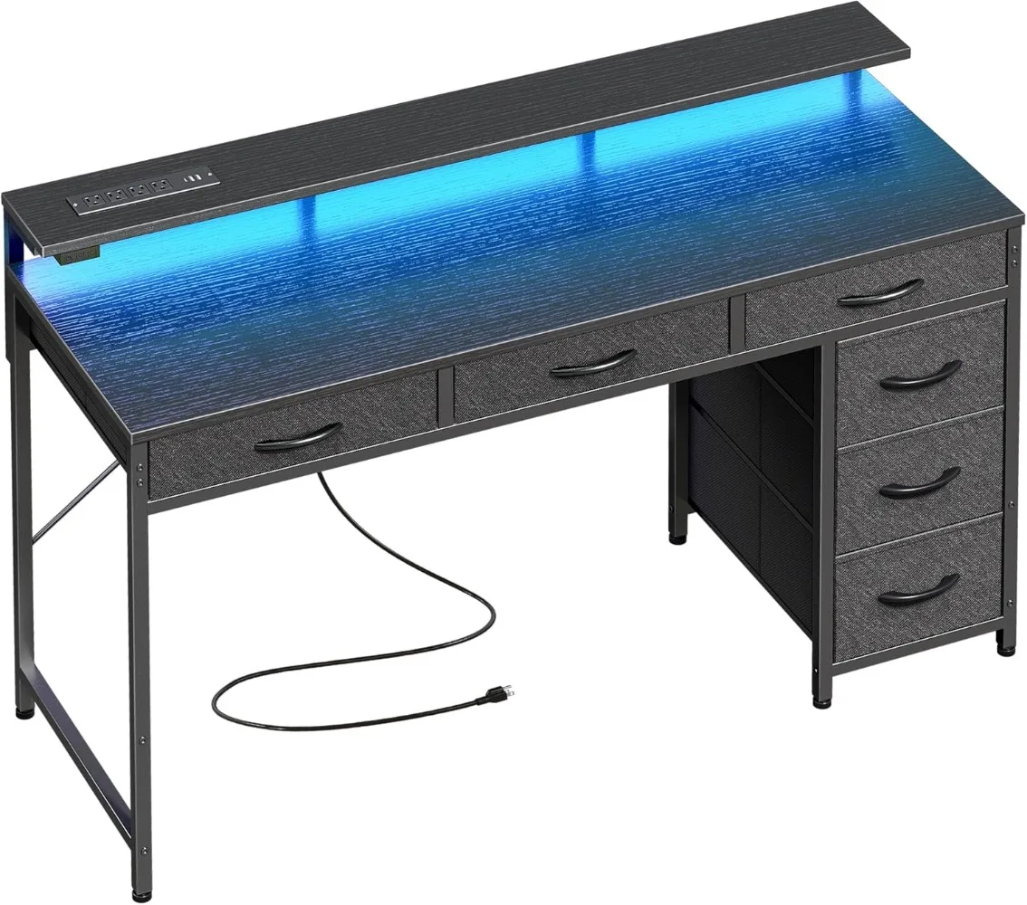 

Gaming Desk with 6 Drawers,Computer Desk with LED Lights Power Outlets and Type-C,47 Inch with Storage,for Bedroom, Study, Black