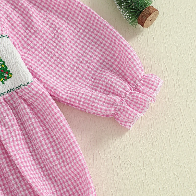 SUNSIOM 0-18 miesięcy dziewczynek wiosna jesień Romper nadruk w kratę haft z kokardką z długim rękawem kombinezon z kołnierzykiem dla lalek