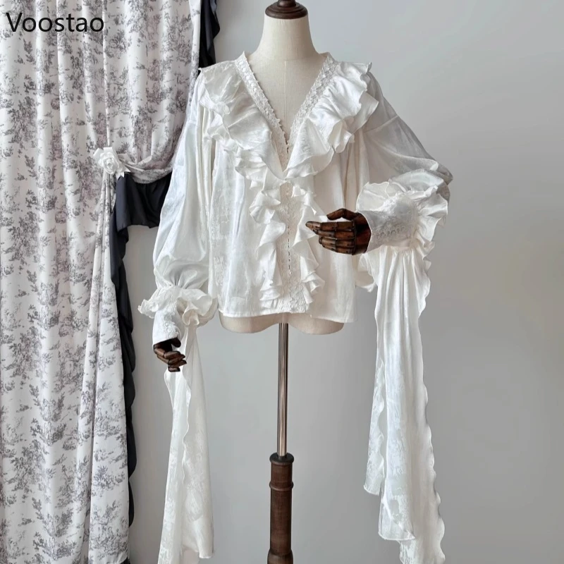 

Vintage Elegant Lolita Shirts Women Victorian Gothic V-Neck Ruffles Long Sleeve Blouses Female Y2k Aesthetic Retro Tops Blusas