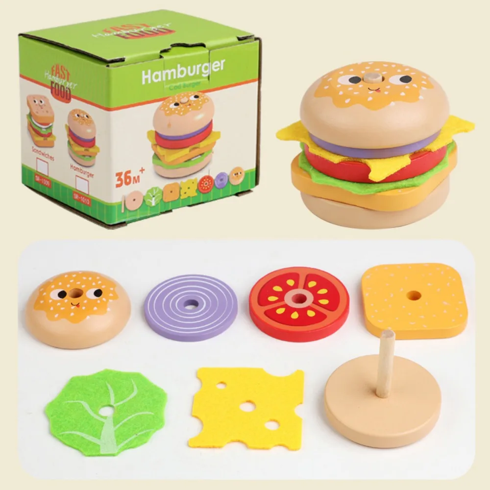 Ahşap Oyun Evi Burger İstifleme Oyunu Hamburger Sandviç Taklit Oyun Mutfak Yemekleri İnteraktif Özellikler