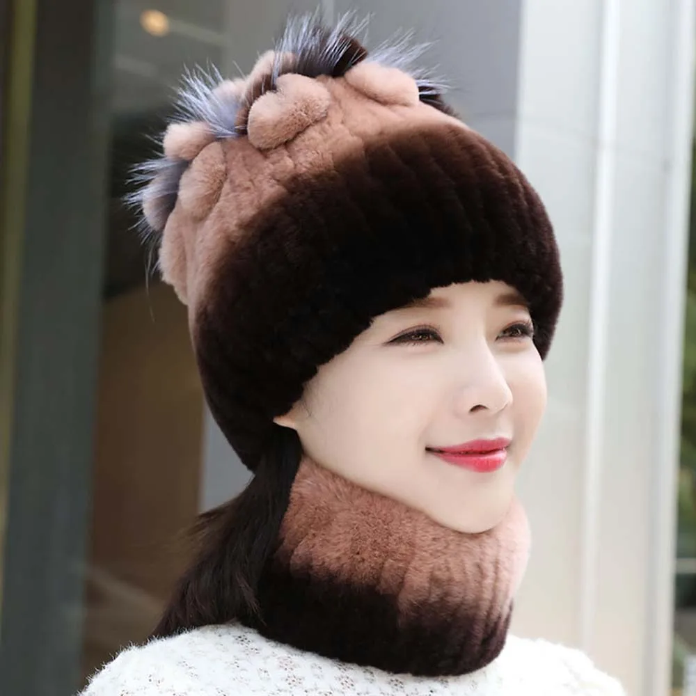 2025 100% حقيقية ريكس الأرنب الفراء القبعات طقم أربطة عنق سيدة الدافئة محبوك الشتاء الفراء الحقيقي قبعة الدافئة ريكس الأرنب 2 قطعة قبعات الفراء وشاح #6