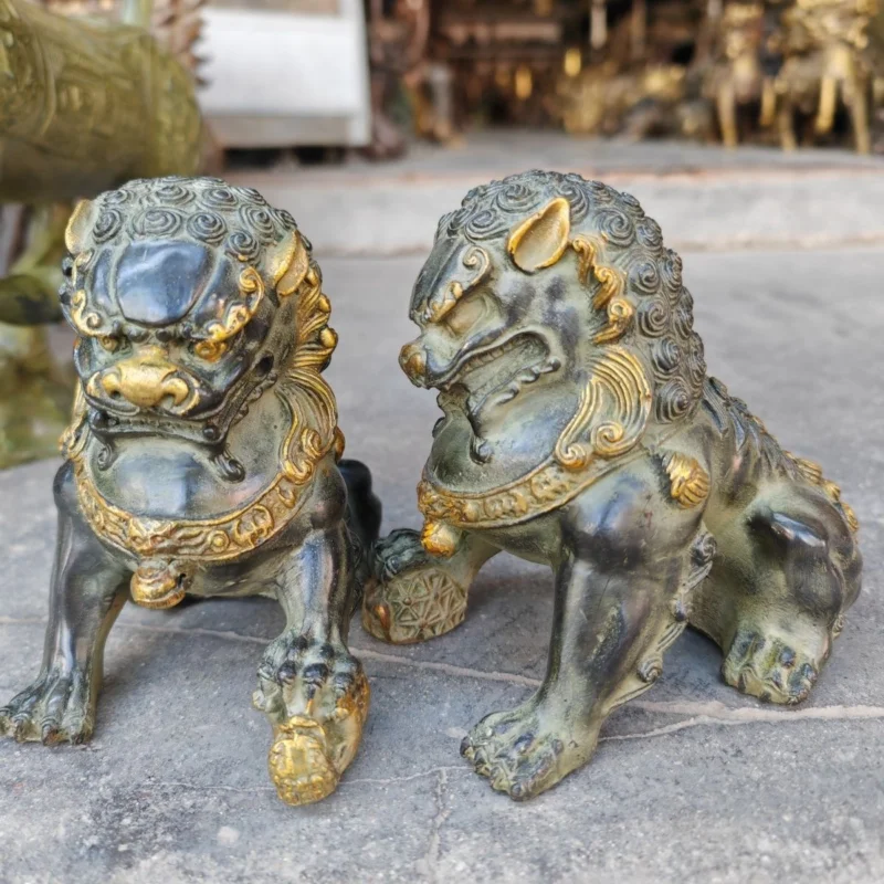 Antique old Bronze Lions Door Fengshui Guardion Fu Foo Dogs Lion Statue Pair