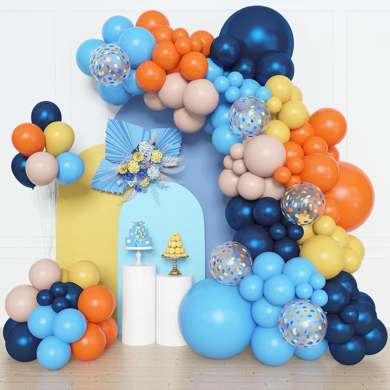 Blaues und orangefarbenes Ballonbogen-Set, verschiedene Größen gelber Latex-Konfetti-Ballons, geeignet für die Duschdekoration von Geburtstagsfeiern