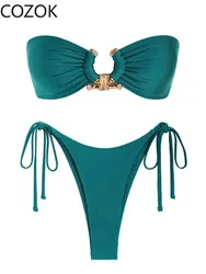 Conjunto de Bikini de dos piezas para mujer, bañador Sexy de nailon liso con sujetador acolchado de realce, traje de baño verde, ropa de playa 2023