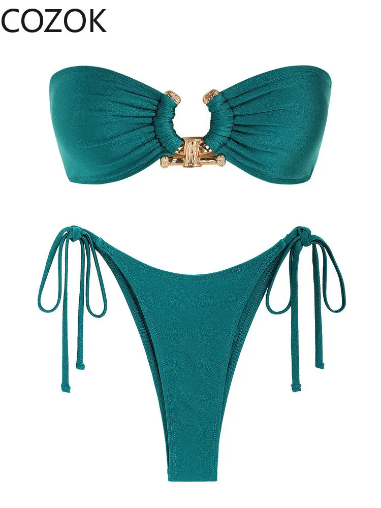 Sexy Two-Pieces Women Solid Nylon 2023 Push-Up Padded Bra Green Bikini Set Swimsuit Swimwear Bathing Suit Beachwear Biquini