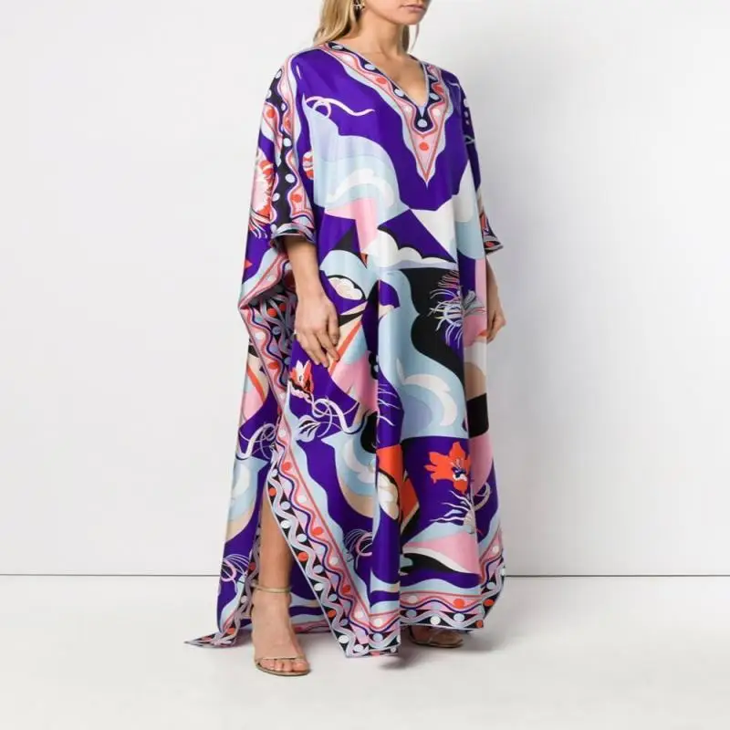 

Loose Long Robe Dress V-neck Retro Ethnic Print Muslim Women's Fashion plus Size Ankle-length Poly Fiber Batwing Sleeve Dress