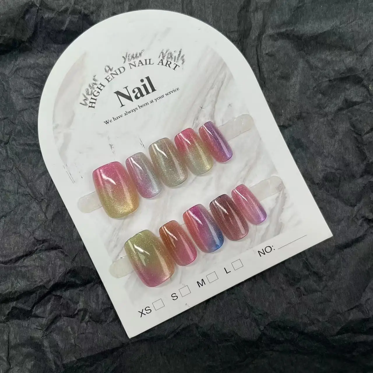 10PCS Press on Nail Rainbow Cat Eye unghie finte lucido modello colorato Design coreano corto falso indossabile punta per unghie di arte artificiale