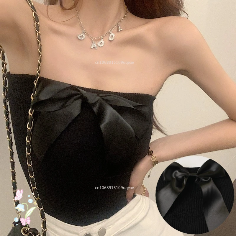 

2025 Women's Sweet Butterfly Knot Knitted Top Wrap Chest Knitted Slim Fit Sexy Top Korean Off Shoulder Top Women's Clothing