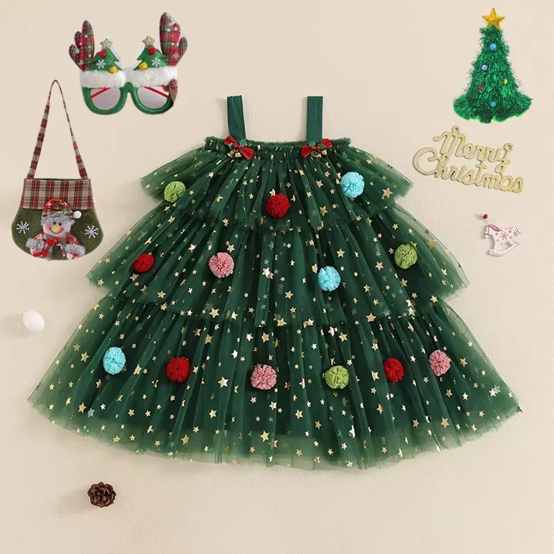 

Cute Baby Christmas Kids Girl Mesh Lace Dress Sleeveless Layered Tulle Christmas Dress Plush Ball Hat Xmas Tree Dresses Costume