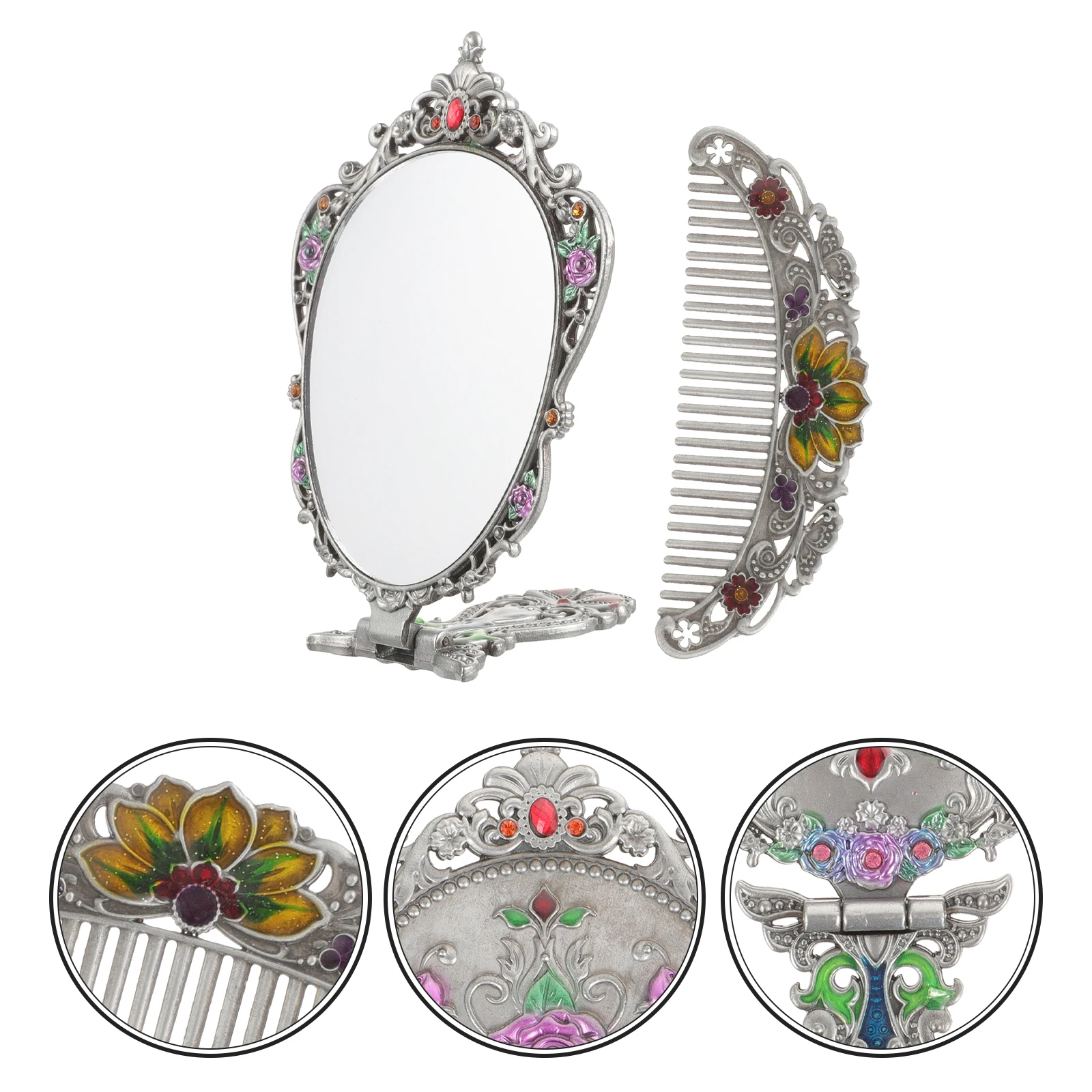 مجموعة واحدة من مرآة المكياج العتيقة المعدنية المحمولة القابلة للطي ومجموعة مشط مرآة محمولة بتصميم رائع ومتينة هدية للنساء #4