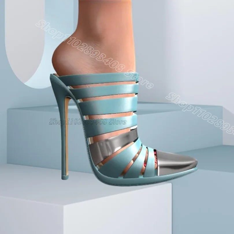 

Синие тапочки с открытой пяткой и острым носком на шпильке, модные женские летние повседневные тапочки в британском стиле, Zapatos Para Mujere