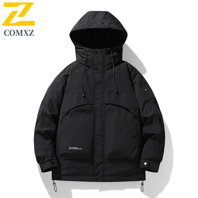 COMXZ Casual Hooded Men Down Jacket Outdoor Travel Thickened Warm Padded Jacket Trendy Camping Lightweight Winter Down Coat