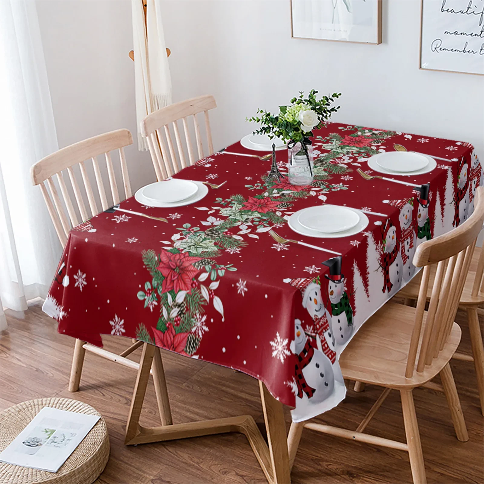 Christmas Tablecloth Snowman Snowflake Tablecloth Dining Table Festive Decor Table Cover Rectangular Coffee Table Tablecloth