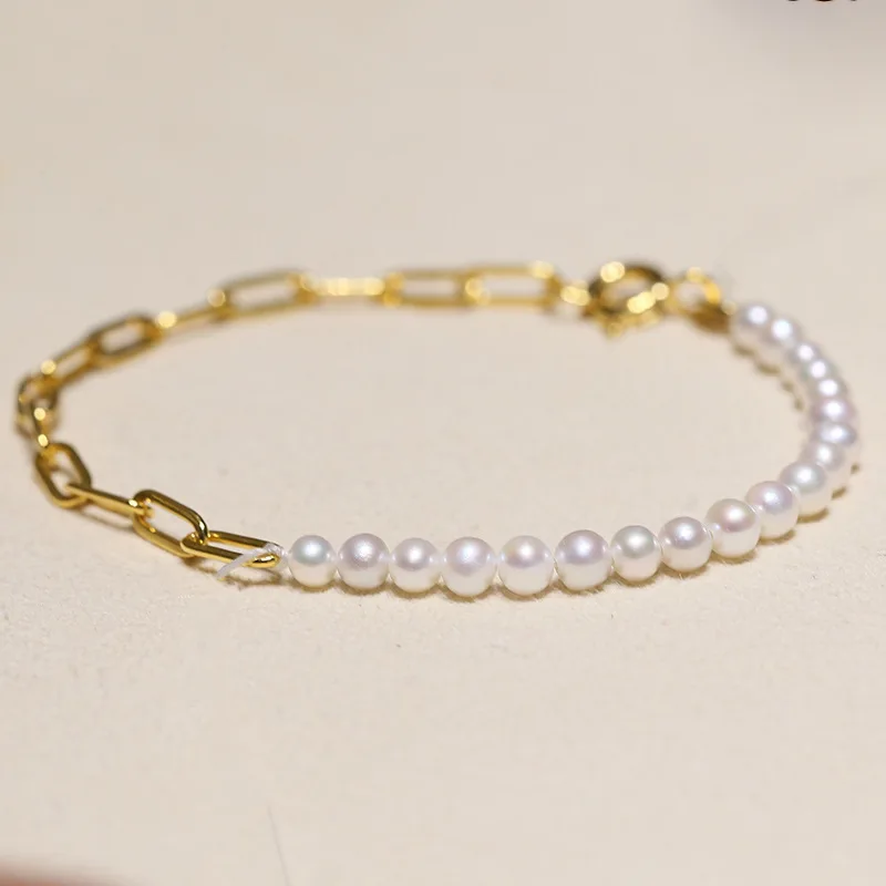 

MeiBaPJ Real 925 Silver 4-5mm Natural Freshwater Pearl Simple Chain Bracelet for Women Fashion Charm Wedding Jewelry