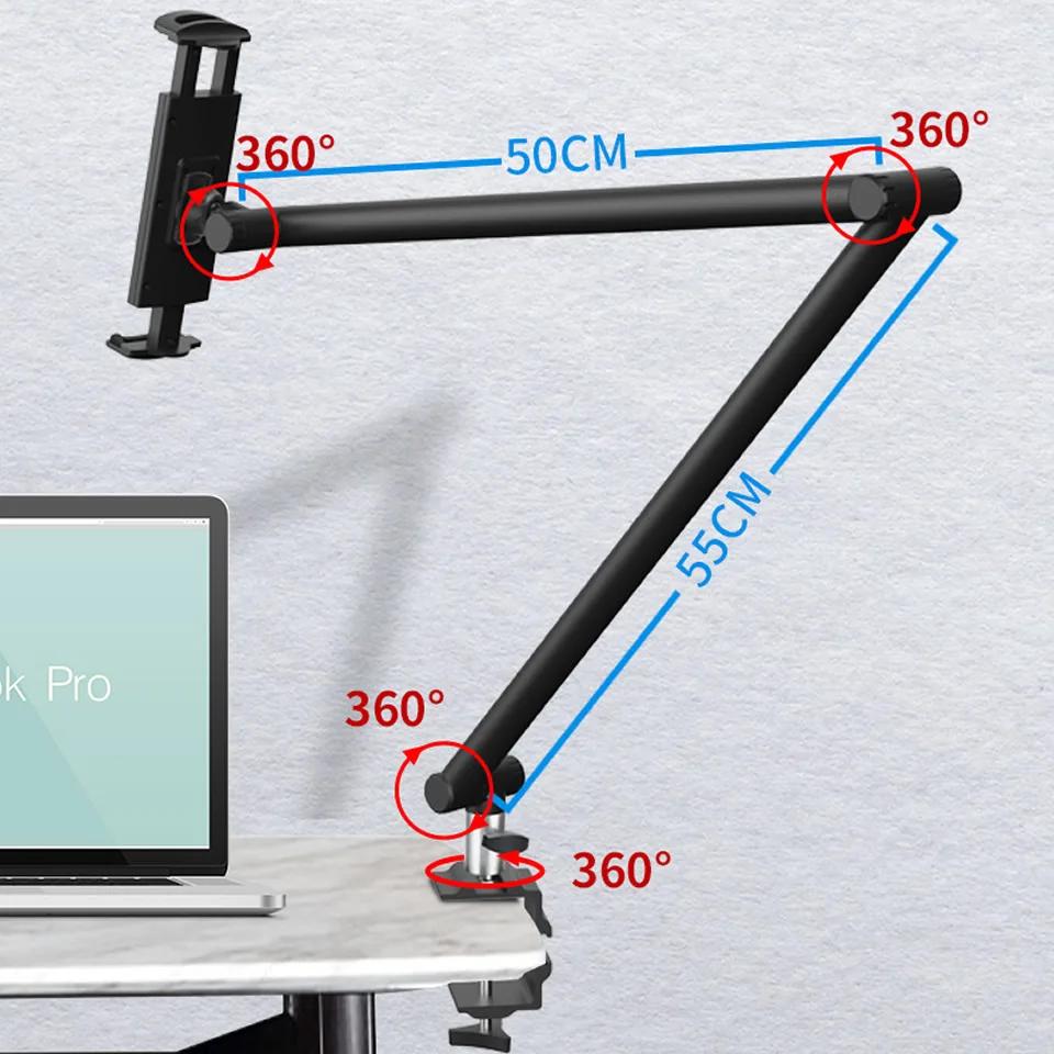 OUTMIX 360 Adjustable Metal Desktop Stand Long Arm Tablet Stand Bed Desktop Lazy Bracket Support for iPad 12.9 Smartphone Holder