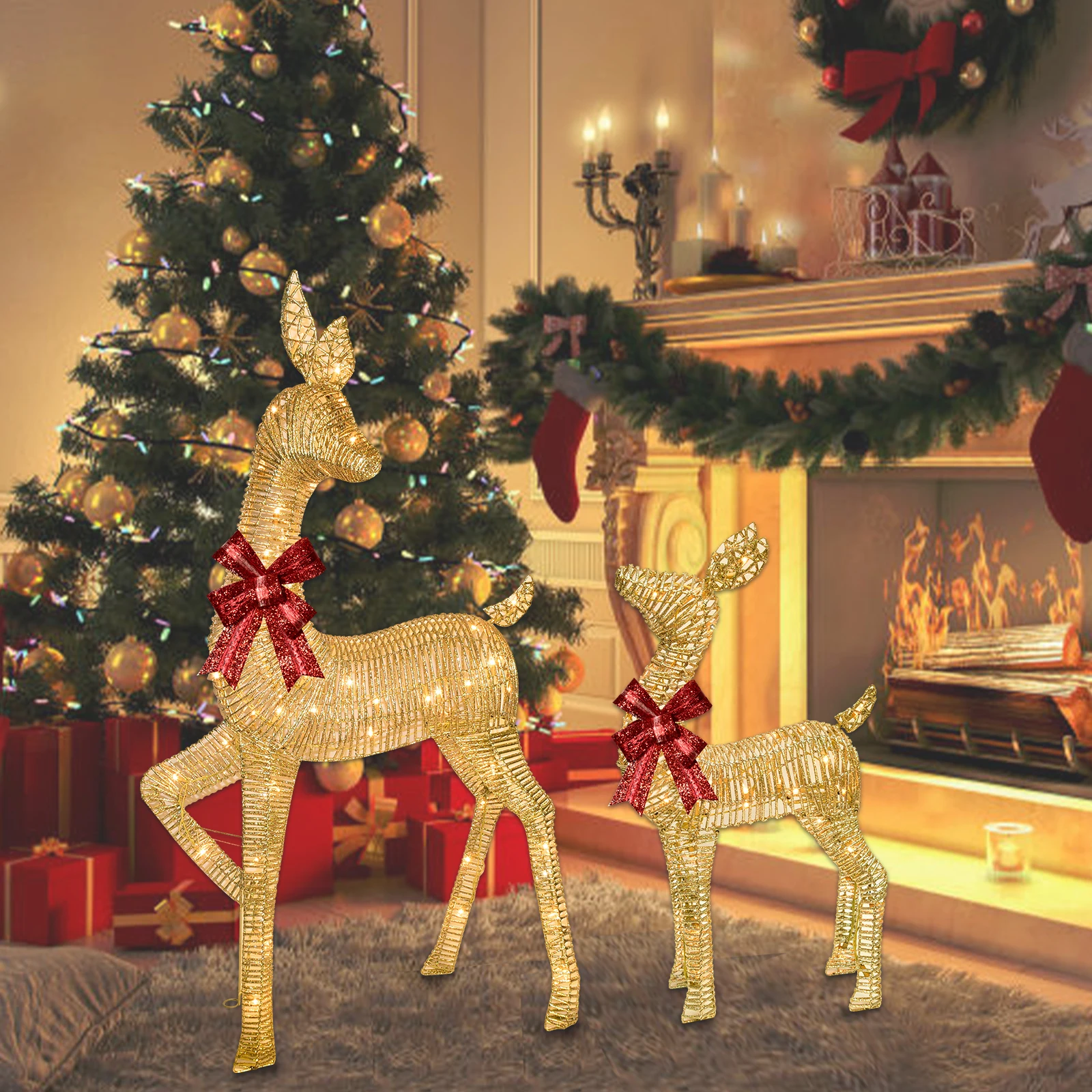 عائلة موس المضاءة لتزيين عيد الميلاد - مجموعة مضيئة مع 135 مصباحًا، غزالًا مضاءًا متينًا في الهواء الطلق لساحة العطلات
