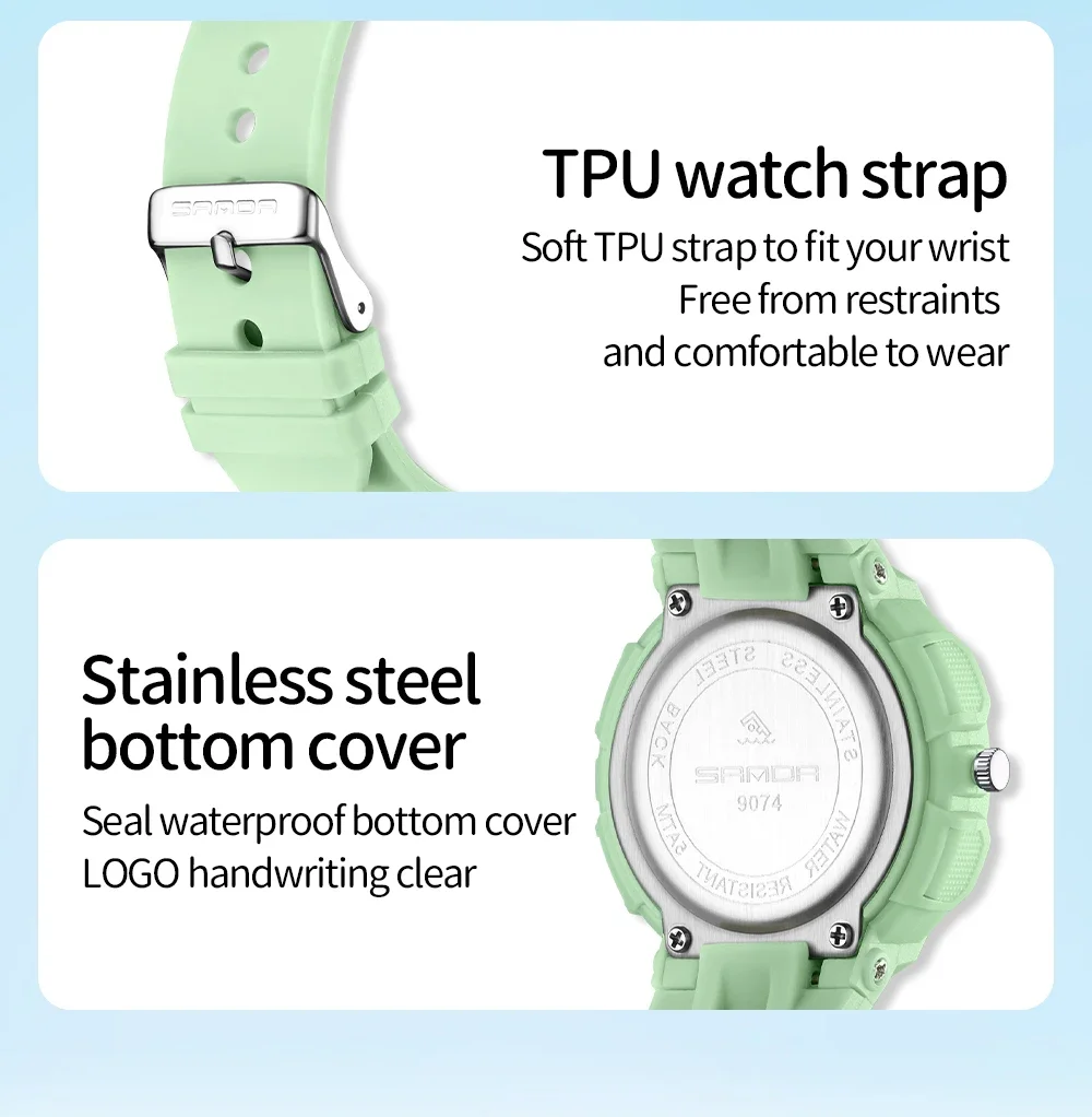 Sanda Trendy Design Soft Student Watch TPU Strap 50M Depth Waterproof Quartz Movement Children Fashion Sports Wrist Watch