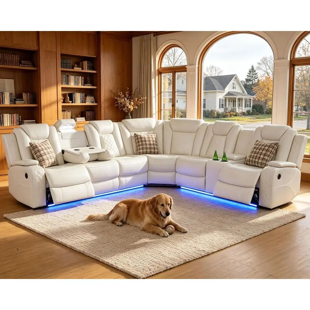 

Luxury Leather Reclining Sofa Set with Power Sectional, LED Lights, USB Ports, Storage for Home Theater Living Room