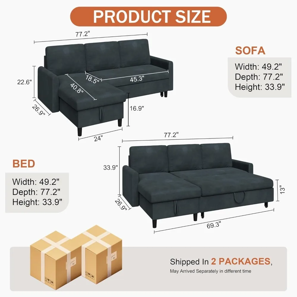 Pull Out Couch,2 in 1 Pull Out Sofa Bed Sleeper Sofa with Storage,77