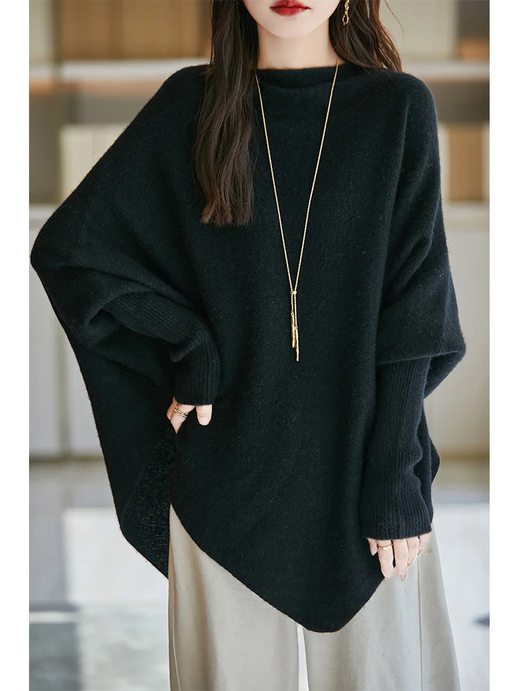 Autumn Winter Women Wool Shawl Slash Neck Sweater Batwing Sleeve Grace Loose Triangle Cashmere Pullover 100% Merino Wool Knitted