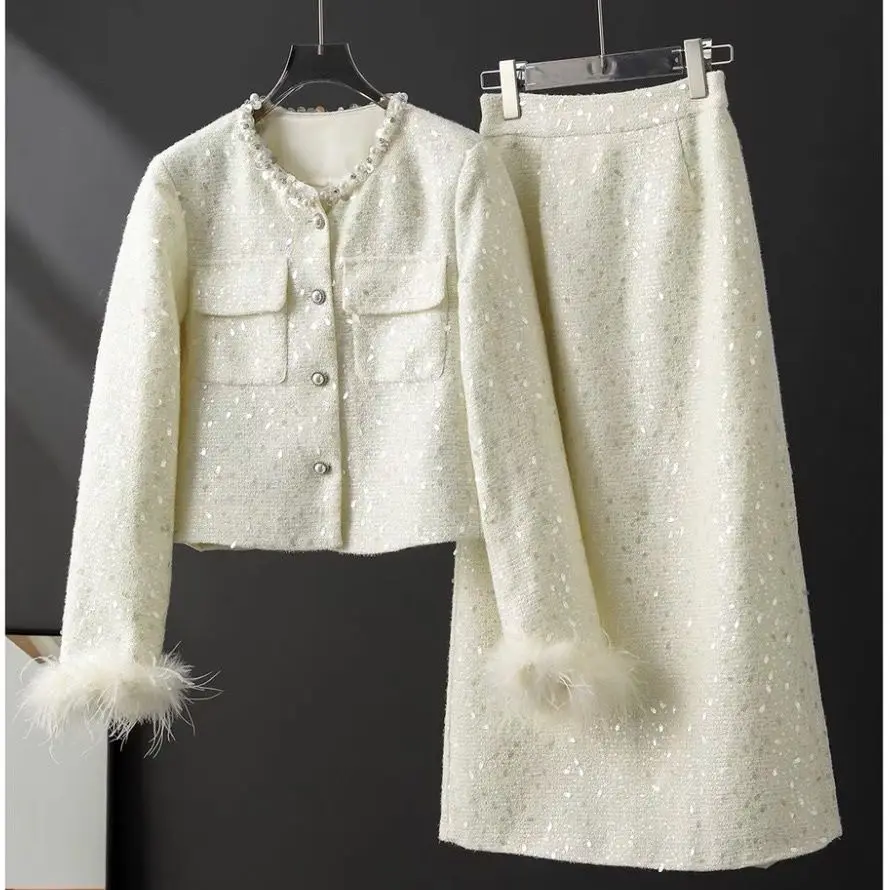 Heavy Industry New Fragrant Two Piece Skirt Set Glitter Sequin Feather Coat Style With Half Skirt High Waist Two Piece Skirt Set