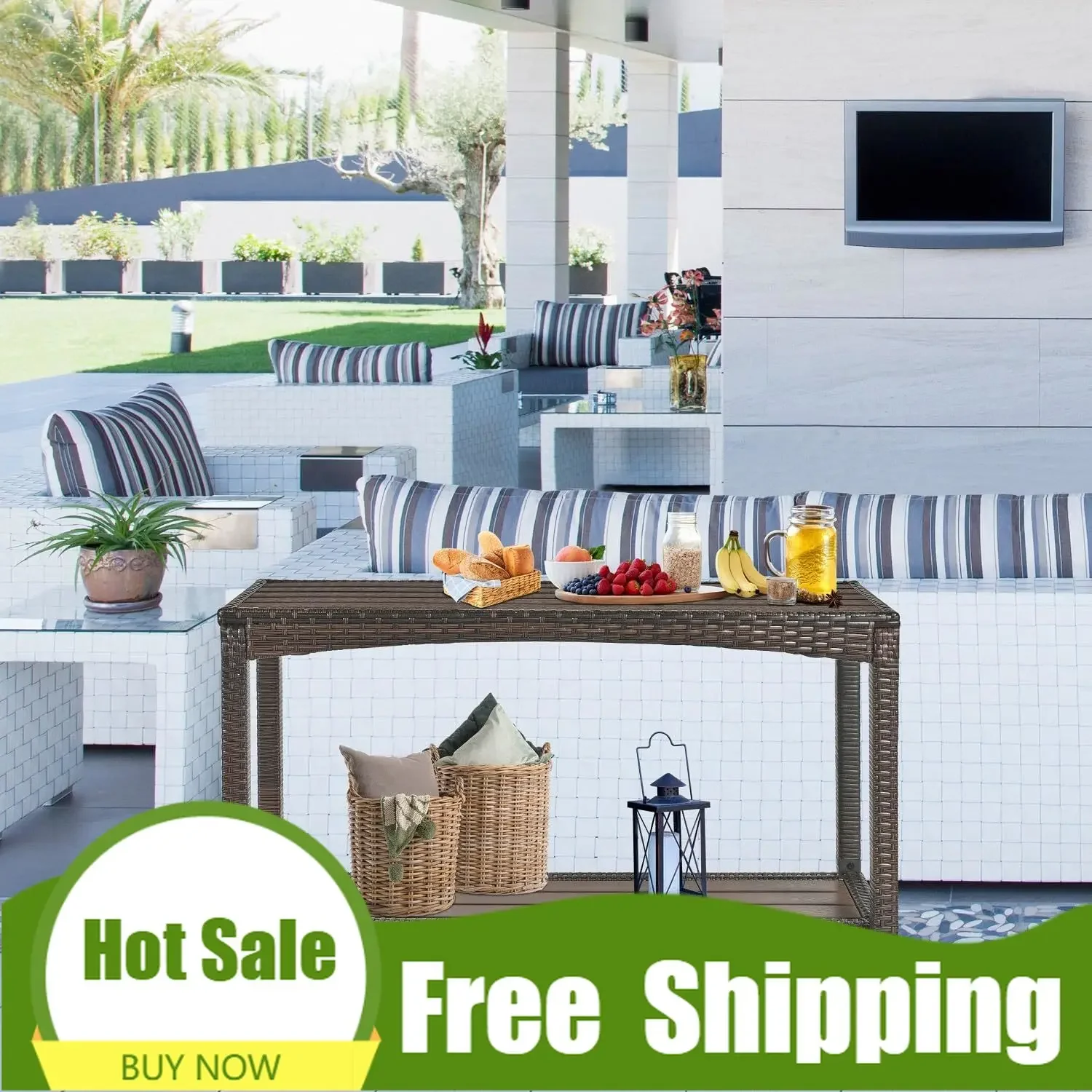 [Best Seller, Buy Now!]Premium Outdoor Console Table Patio Buffet Bar Storage Organizer 45" Long Wicker Sofa Serving Sideboard T