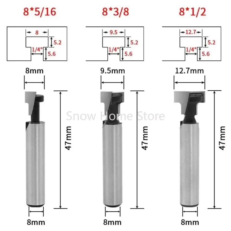 8mm Shank T-Slot Keyhole Cutter Wood Router Bit Carbide Cutter for Wood Hex Bolt T-Track Slotting Milling Cutters 3pcs