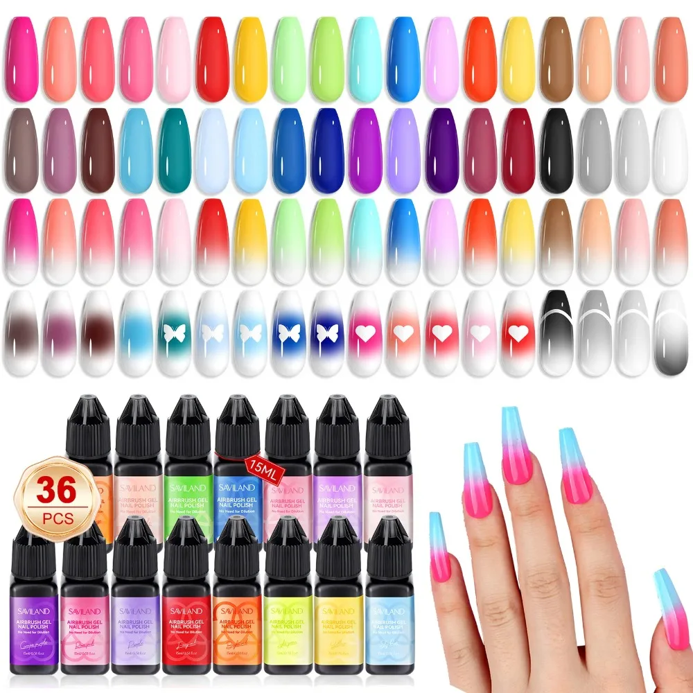 Conjunto de 36 Cores de Esmalte em Gel para Airbrush, Sem Necessidade de Diluição, Pintura em Gel para Arte de Unhas com Spray