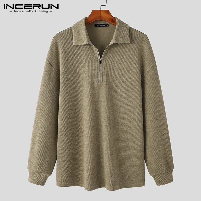 INCERUN Men Shirt Solid Color Lapel Long Sleeve Zipper Streetwear 2024 Casual Men Clothing Knitted Leisure Sweaters Tops S-5XL