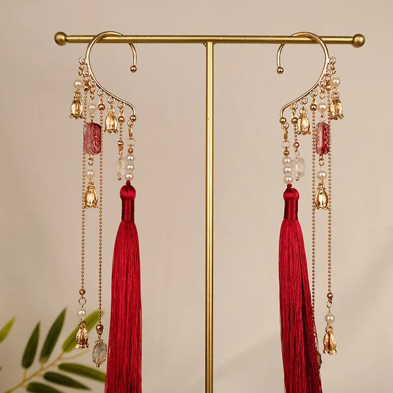 Chinese Traditional Tassel Ear Wrap No Piercing Long Tassel Drop Ethnic Element Dreamy Sophisticated Adaptable Vintage Chic