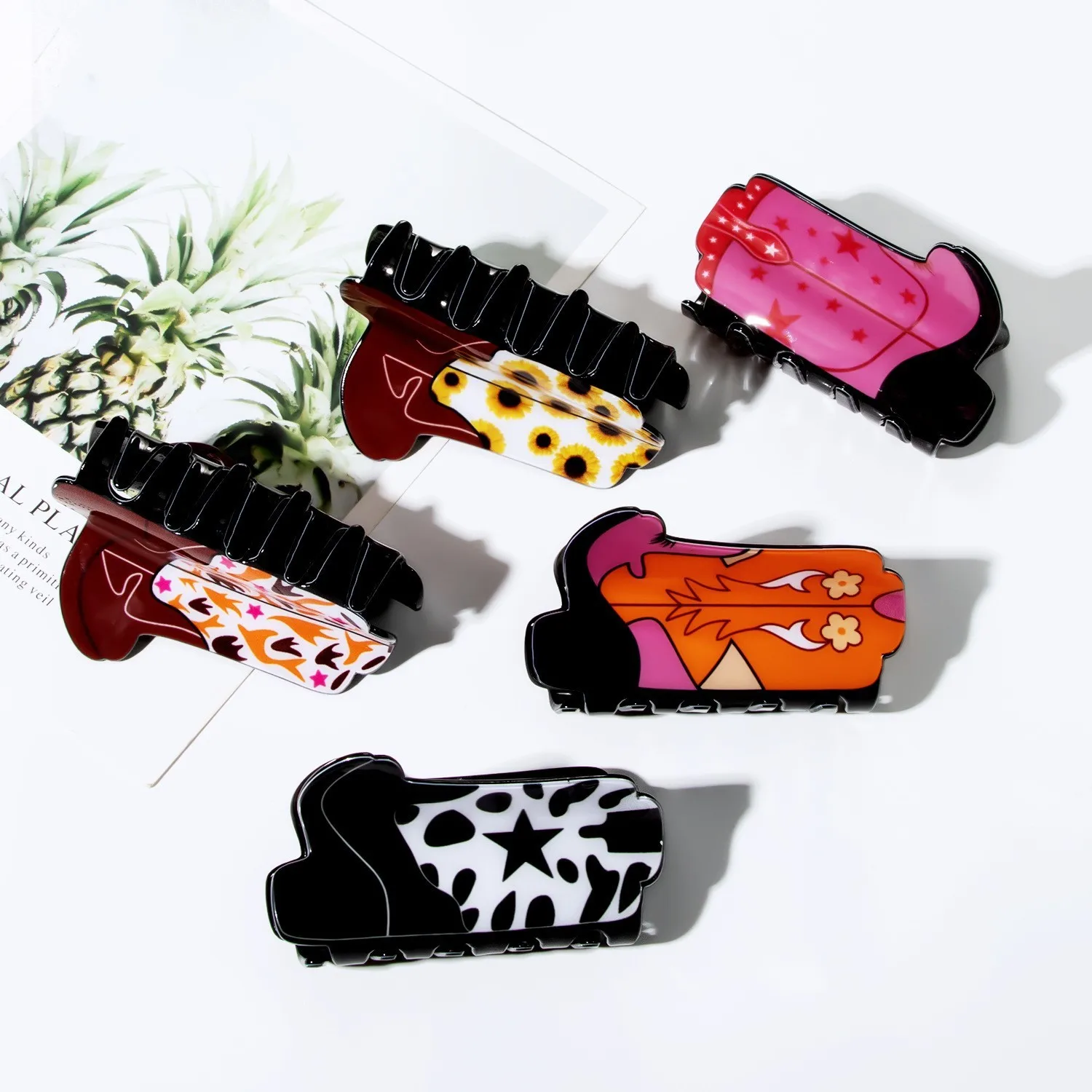 New Personalized Cowboy Boots Printed Hair Claw Clip Creative Acrylic Crab Hair Clip for Woman Girls Hairpin Hair Accessories