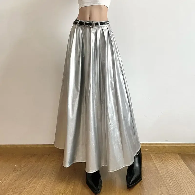 PU Ankle-length Skirts Women Streetwear Stylish Metallic Bright Color Pleated Loose High Waist A-line Simple All-match Retro