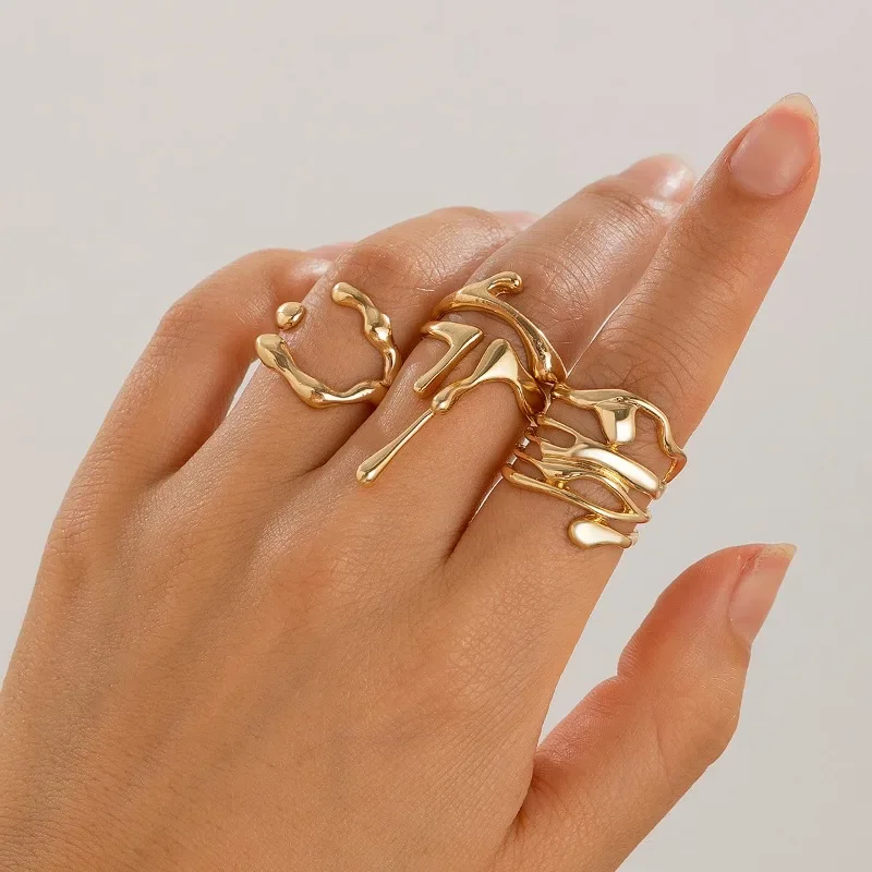 

Fashion Cute Versatile Opening Simple Irregular Lava Smooth Ring Set Niche Hollow Curved Design Jewelry Gothic Wedding New 2025