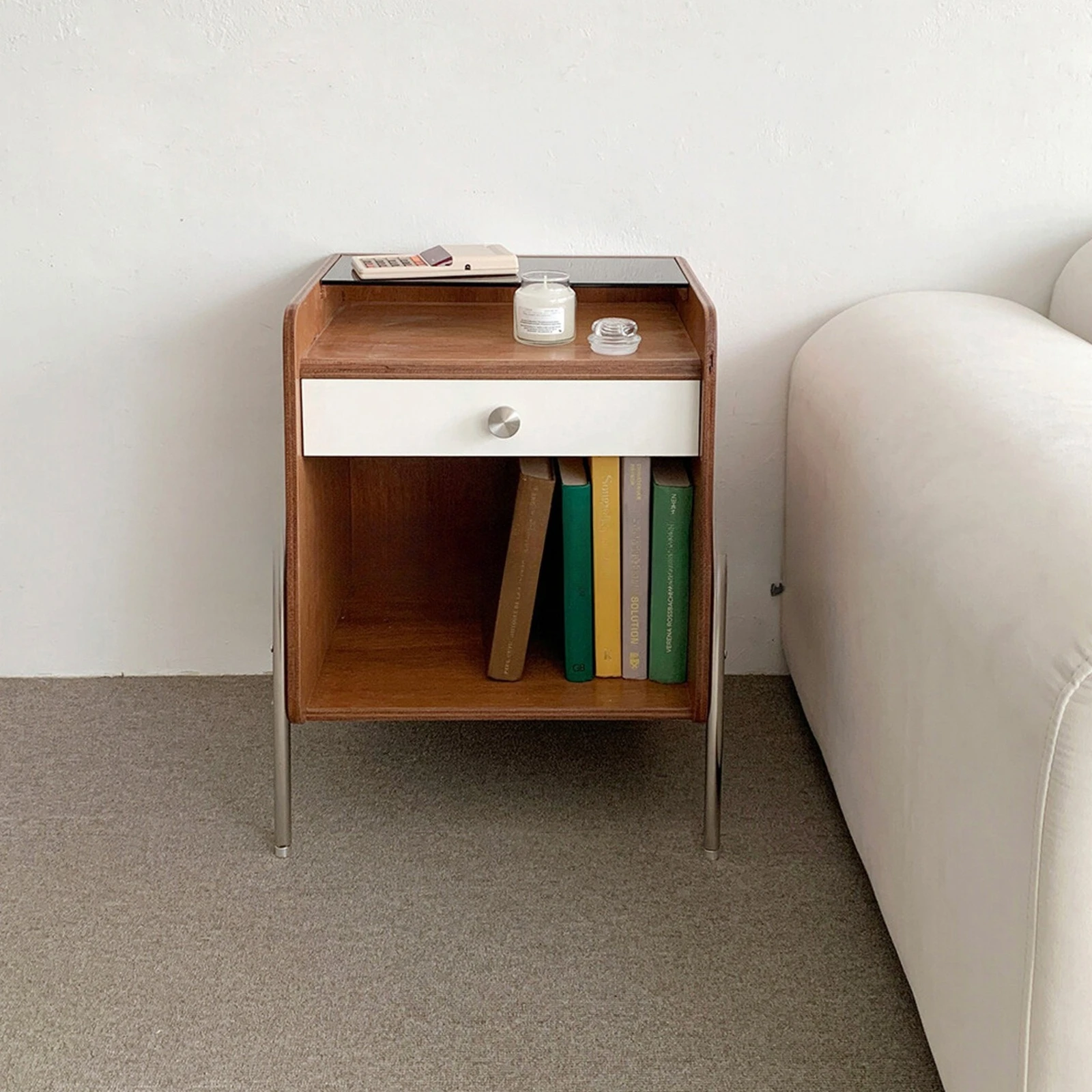 Simple wooden bedside table, retro wall sofa, small side cabinet, storage cabinet, small side table