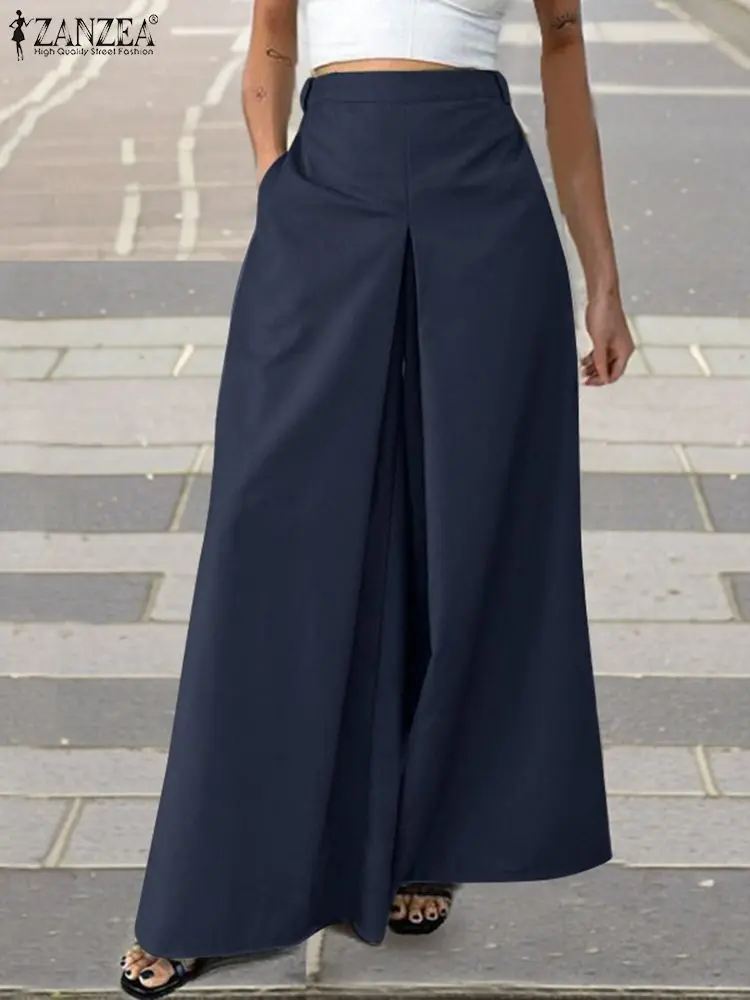 

ZANZEA Elegant Women High Waist Wide Leg Pants Autumn Fashion Long Trousers Solid Casual OL Work Pantalon Palazzo Streetwear