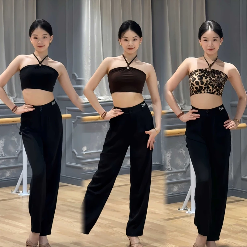 

Современная танцевальная одежда для взрослых для женщин, сексуальный топ с лямкой на шее, брюки для латинских танцев, женский костюм для соревнований по бальным танцам, SL13544