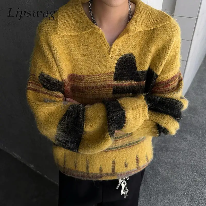 أنيق رجالي التباين اللون البلوزات الخريف الشتاء في الهواء الطلق عادية كم طويل التلبيب متماسكة لاعبا الرجال Vintage قميص بولو متماسكة #1